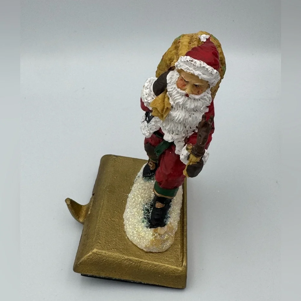Vintage Santa’s Workbench Hiking Santa Stocking Holder Hand Painted Cast‎ Iron
